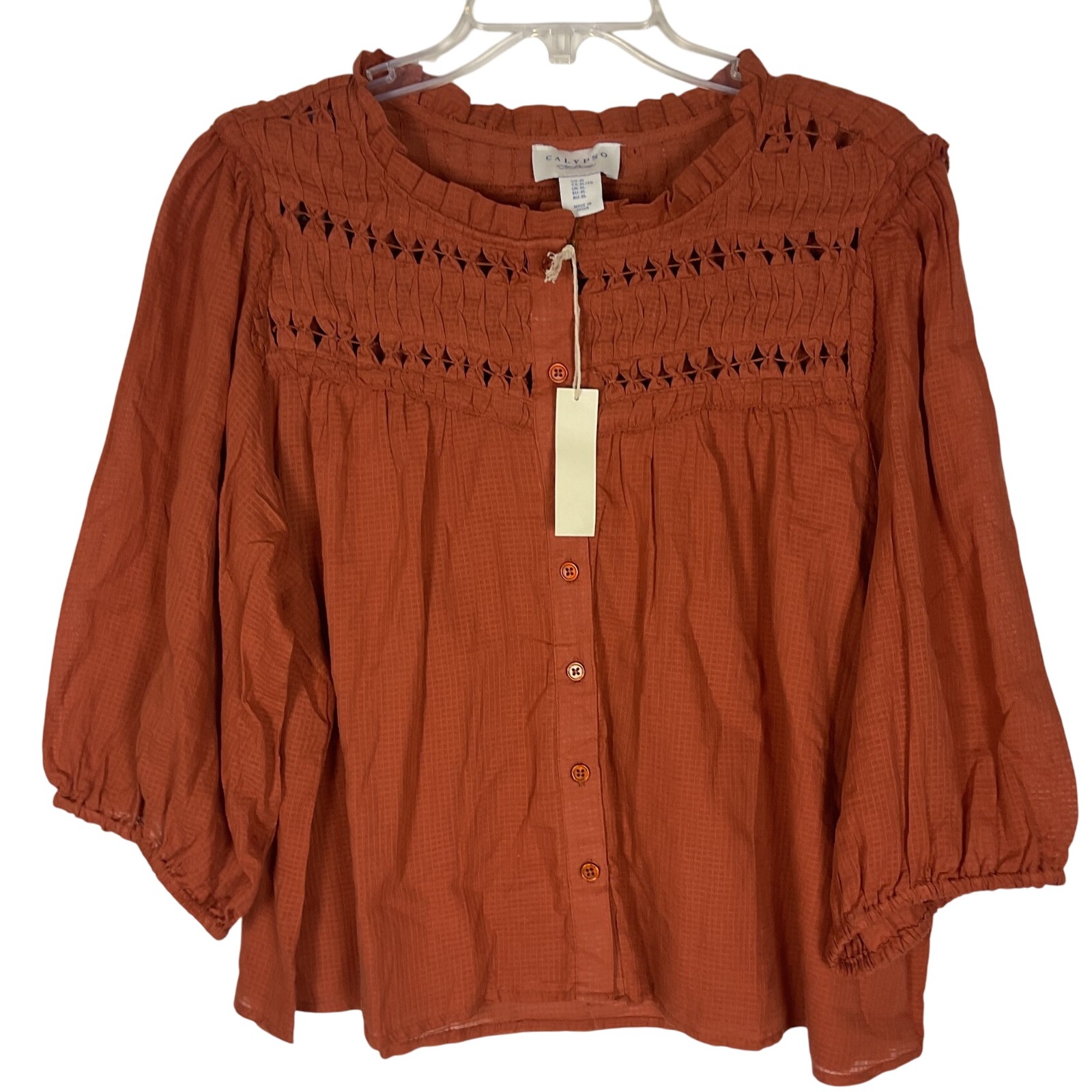 Calypso Women Orange Textured Smocked Button Front Blouse Top M
